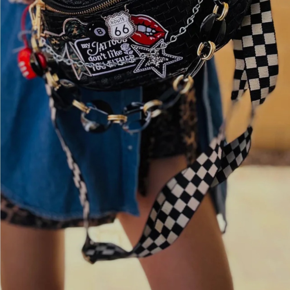 Charlie Maree Co Black Woven Crossbody Bag with Patches - Picture 2 of 10